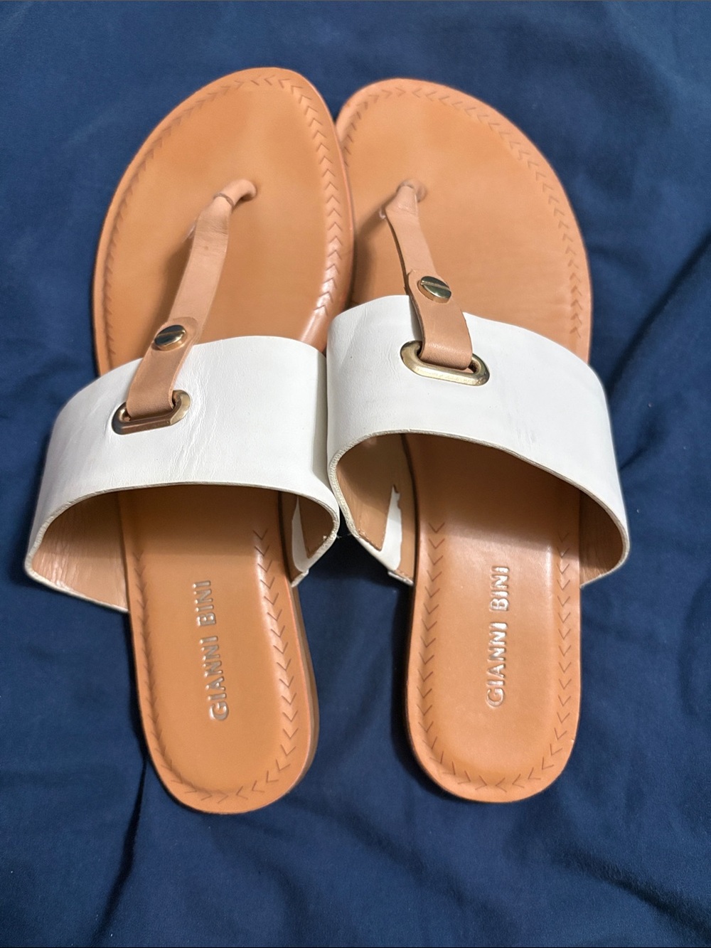 Gianni Bini White and Tan Slide Sandals with Gold Accent
